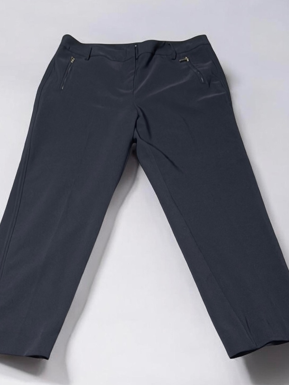 Adrienne Vittadini Sz 12 Navy Dress Pants Stretch Straight Leg Gold Zip Pockets